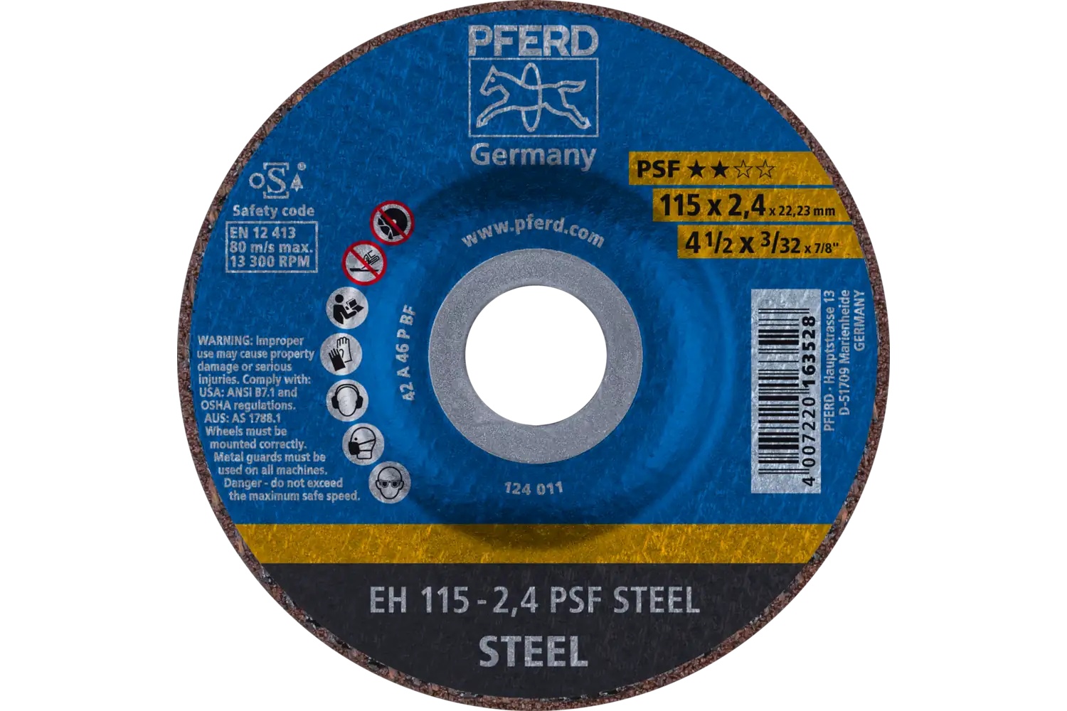 Picture of Pferd Cut-Off Wheel, 4-1/2" X 3/32 X 7/8, Psf Steel, T27, Aluminum Oxide